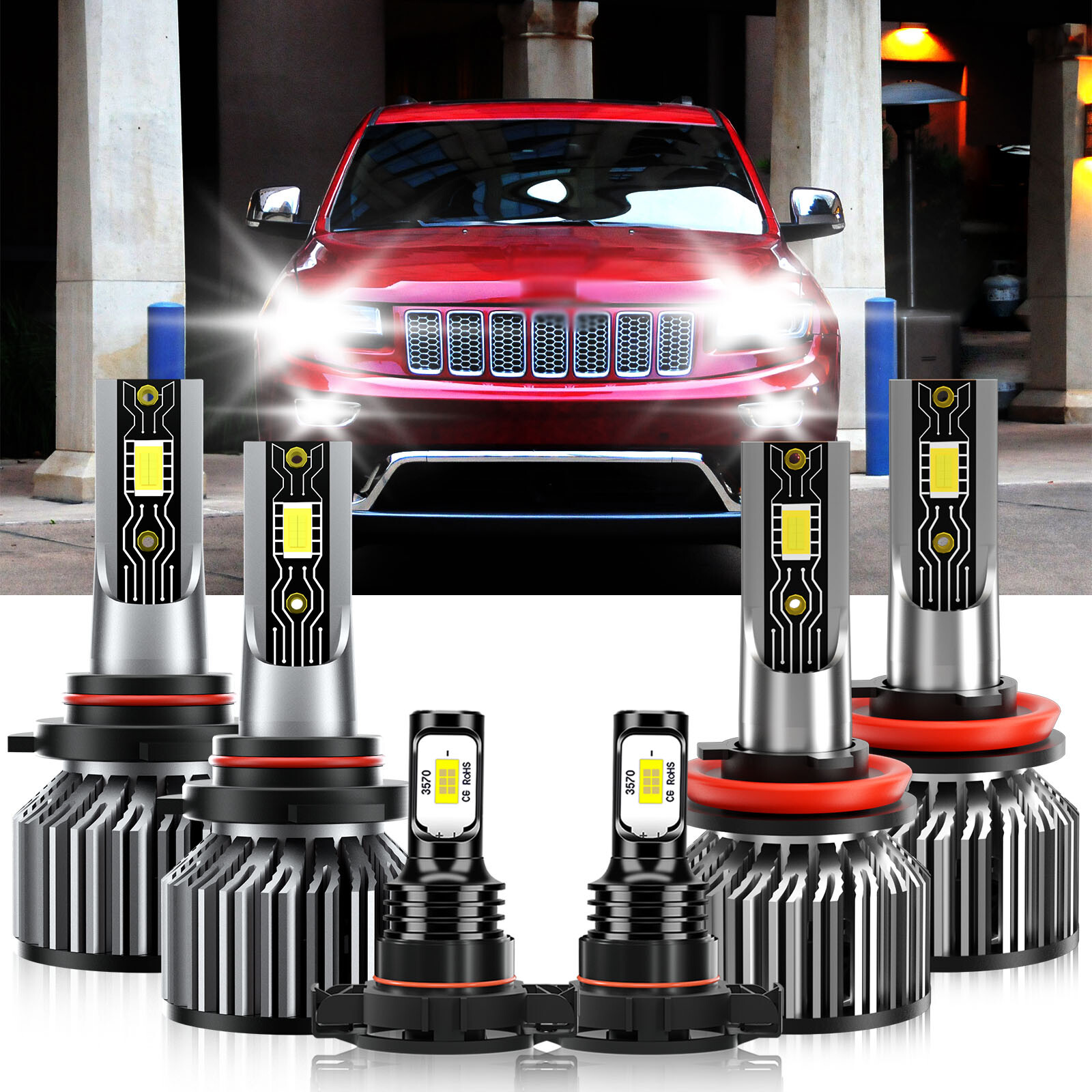Bright 6500K White LED Headlight and Fog Light Kit for 2011-2013 Jeep Grand Cherokee