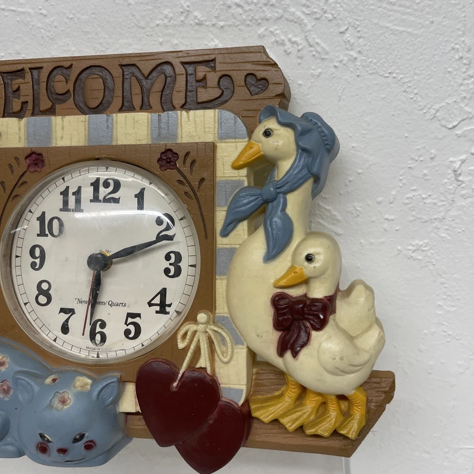 Vintage Burwood Homco New Haven “Welcome” Wall Clock Geese Cat Horse Design USA - Image 4 of 4