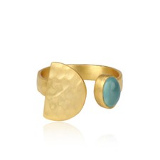 Hammered Textured 18k Gold Plated Adjustable Ring For Gift With Aqua Chalcedony