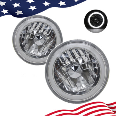 7'' Inch Round White CCFL Halo Diamond Cut Chrome Headlights Angel Eyes