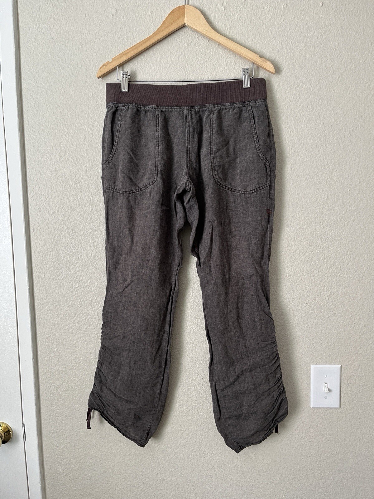 Toad & Co Lina Linen Cinch Pants Women Medium Taupe Brown Stretch Waist