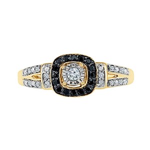 Authentic 0.20 Ct Black & White Real Diamond 14K Yellow Gold Plated Halo Engagement Ring