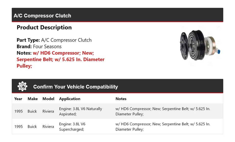Embrague compresor aire acondicionado Buick Riviera 1995 4 estaciones Foto 2 de 4
