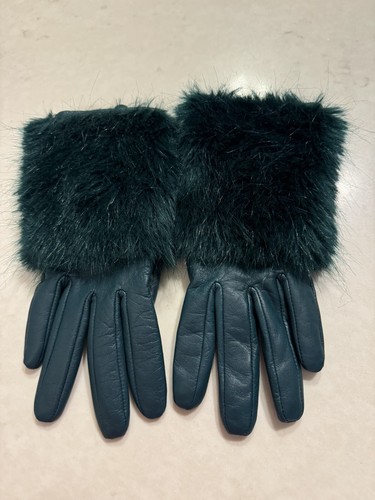 & Other Stories M NEW Green Leather Gloves Faux Fur Cuffs Women's Winter Lined - Picture 10 of 11
