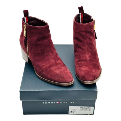 Tommy Hilfiger Womens Reiz Ankle Booties Maroon Block Heel Almond Toe Zip 