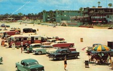 Postcard FL Daytona Beach Classic Cars Hot Dog Stand Trailer Trucks Swimsuits