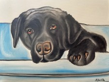 Original oil painting signed 11 x 14 in black Labrador retriever dog 