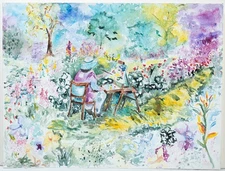 Beautiful Impressionist Painting of Artist in Flowery Field by Angela Cockman
