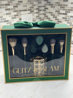 Glitz & Glam 8 Piece Makeup Brush Set Cosmetic Brush Rhinestone Green Christmas