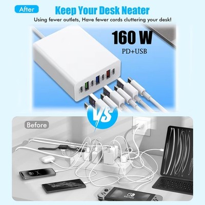 160W 7-Port USB C Fast Wall Charger Block Charging Station for Multiple Devices