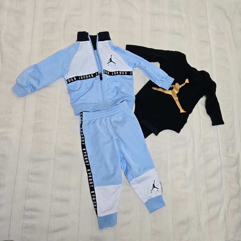 Baby Boys Air Jordan 2 Pcs Tracksuit Blue  & Black Long Sleeve Bodysuit Size 12M thumbnail 11
