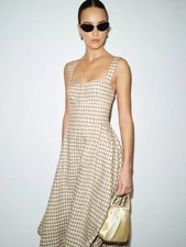 NEW Reformation Roma Midi Linen Dress Dunes Check Gingham Tan White | US 6 UK 10
