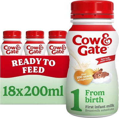 Cow & Gate 1 First Infant Baby Milk Liquid Formula from Birth, 18x200ml