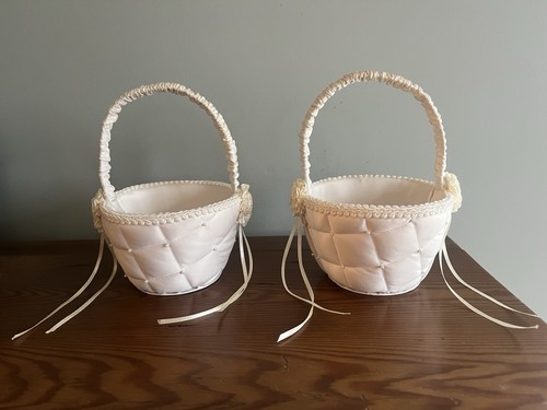 Set of Two White Flower Girl Quilted Design / Pearl Accent Baskets For Wedding
