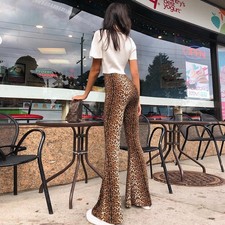Lady Leopard Print Flared Pants Party Palazzo High Waist Stretchy Trousers Size