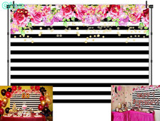Photography Backdrops Black and White Stripe Background Pink Rose Flower Birthda