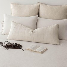 Set of 1 Decorative Linen Check Throw Pillow Cover Neutral Long Body Lumbar C...
