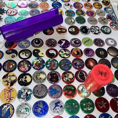  POG /milk caps 215 POGS cartoons /logos patterns/ base & foil designs w/cases 
