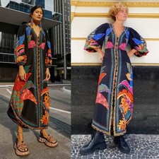 Farm Rio Black Cool Leopard Maxi Dress Button Down Puff Sleeve Size XS