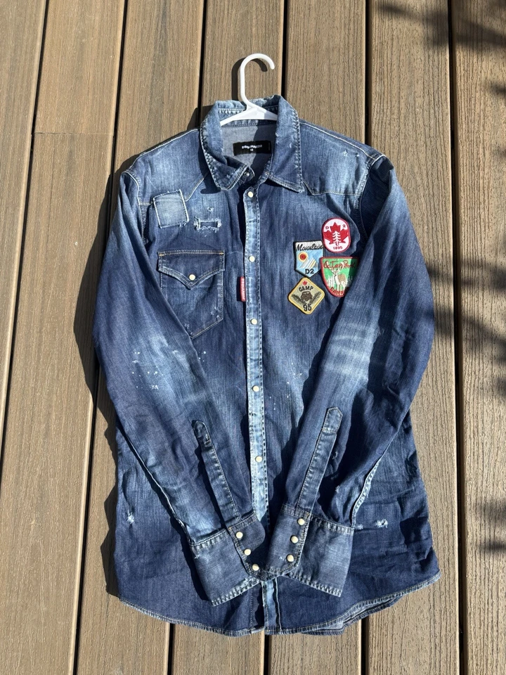 Dsquared2 Men's Long Sleeve Denim Shirt Size 52 (L) Distressed Blue Pearl Snap - Image 2 of 4
