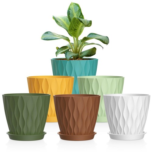 6 Pack 4 Inch Small Plant Pots with Saucers, 3D Textured Plastic Planters wit...