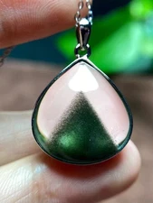 Rare Natural Pyramid Green ghost Phantom Quartz Crystal 925 silver inlay Pendant