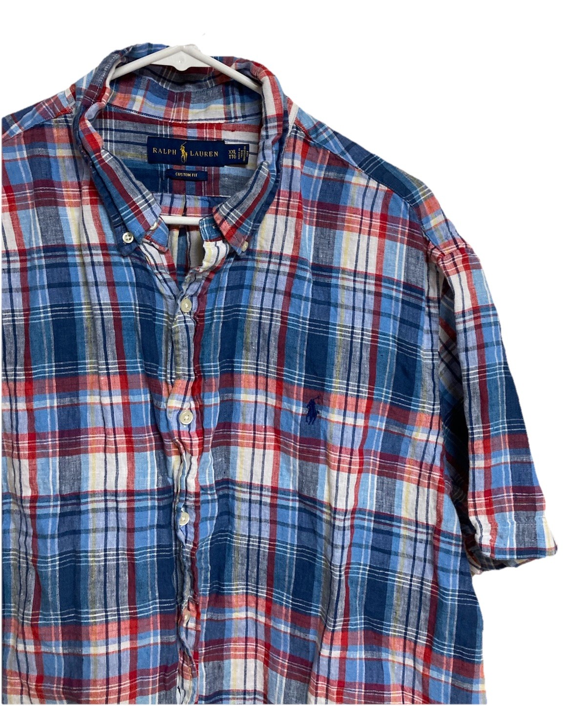 Men's Ralph Lauren Custom Fit Short Sleeve Shirt Plaid Linen Blue Size XXL