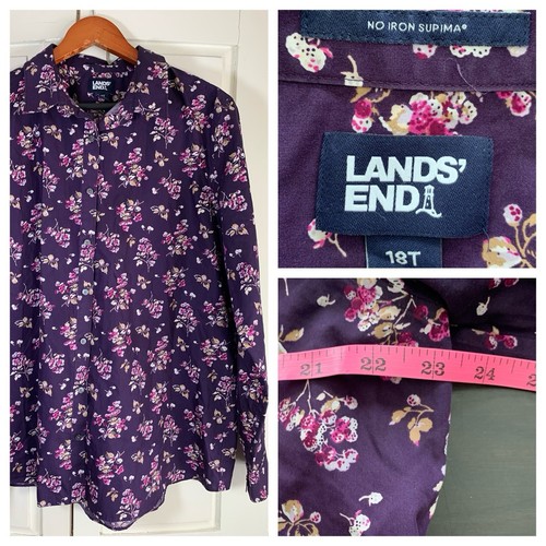 Lands End Hemd Damen 18T Blumenmuster bügelfrei Supima Baumwolle Knopfleiste Langarm - Bild 1 von 13