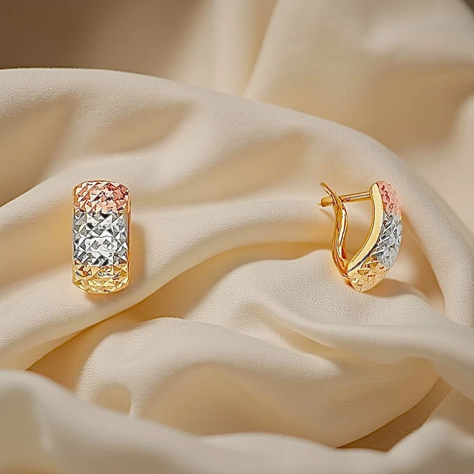 14K Tri Color Gold Half Huggies Earrings 1.6g Yellow White Rose Hoop - Image 2 of 2