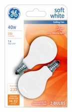 Ceiling Fan Light Bulbs, White, Candelabra Base, 40 Watt, 2-Pk. - 71394