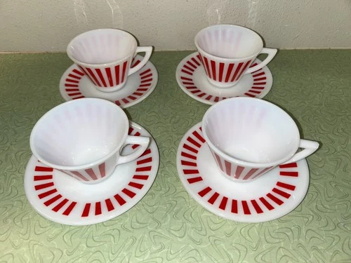 Vintage Hazel Atlas Red Milk Glass Candy Striped Four Coffee Cups and Saucers