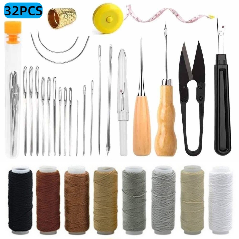 Leather Sewing Kit with Upholstery Repair Thread Stitching Needles and Awl Hand Tools