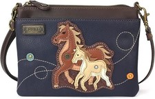 Chala Faux Leather Mini Crossbody Handbag Purse Adj Strap - Horse Family, Navy