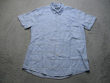 Barbour Shirt Mens Large Blue Linen Short Sleeve Button Tailored Petteril