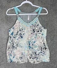 Xhilaration Front Floral Lace Overlay Tank Top Womens Sz Large Palm Tree Lining