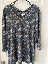 J Jill Womens Tunic Top Sz Lg Blue Smoke Jacobean Trail V Neck Paisley Stretch