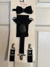 Boys Accessory Set Includes Bow Tie, Suspenders And Pocket Squares Black