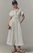 Exquise Anthropologie Shirt Dress White Stripe Tobie Double Buckle Medium NWT