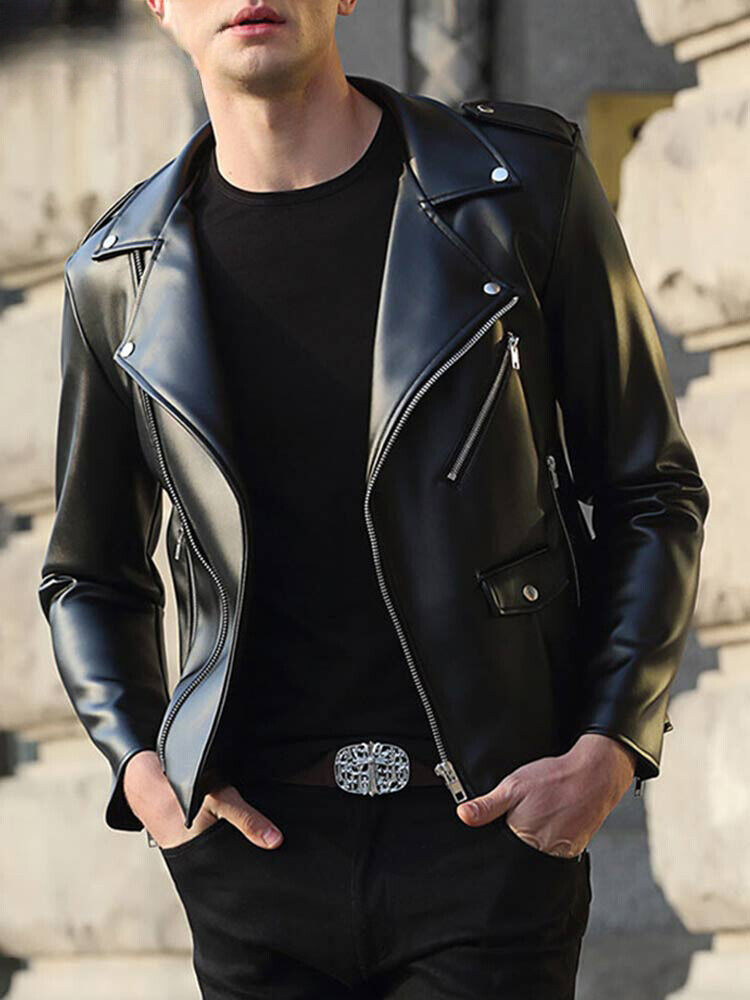 Spring Autumn Short Fitted Cool Black Faux Leather Biker Spring Autumn Short Fitted Cool Black Faux Leather Biker