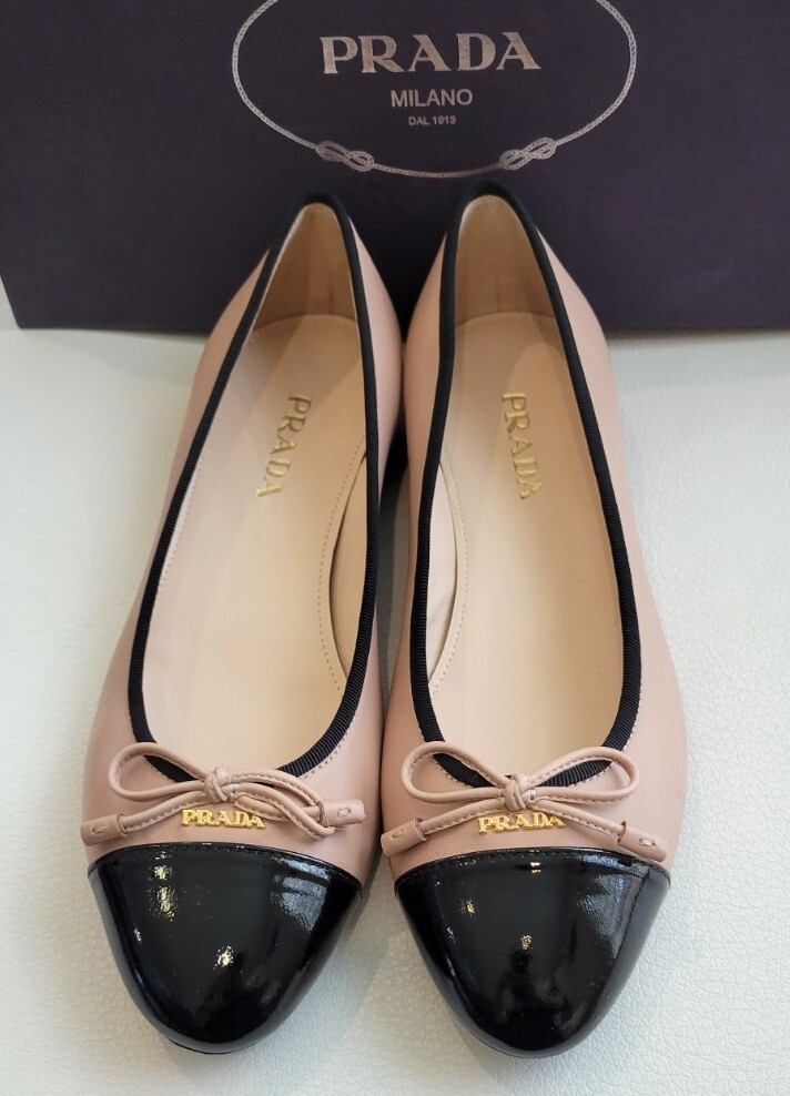 NIB NEW Prada Milano logo black pink leather ballet shoes NIB NEW Prada Milano logo black pink leather ballet shoes