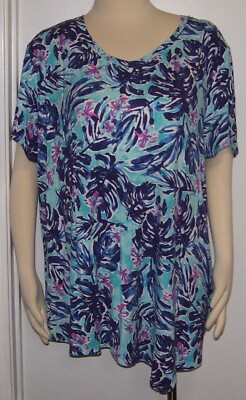 Palm Grove Woman Very Soft Blue Pink Tropical Floral Leaf Rhinestone SS Top 3X