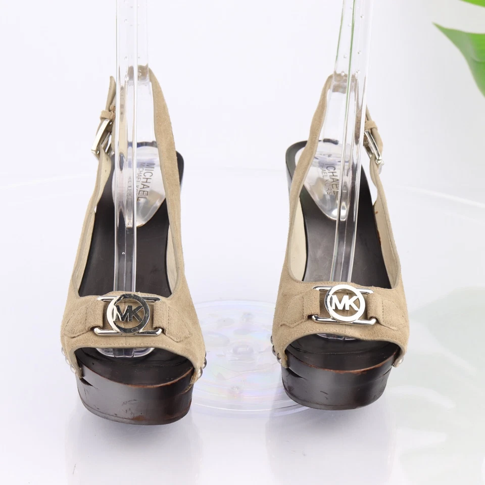 Michael Kors Womens Charm Sandal Size 8.5 Tan Suede Slingback Wedge Platform - Image 3 of 4