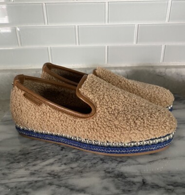Chelsea & Violet Conie Tan Faux Sherpa Leather Trim Loafers Silver Studs 7.5M
