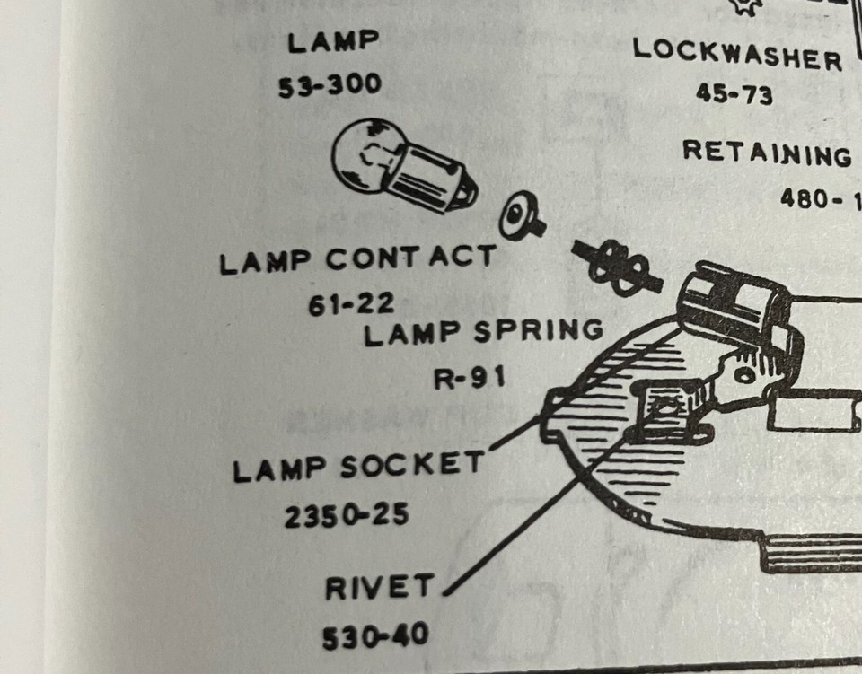 LIONEL 2350-25 Lamp Socket, 61-22 w/wire, rivet, R-91 & bulb EP-5'S ...