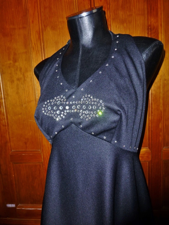 Maxi VESTIDO De Colección Años 70 Negro Jersey Tejido Estrás Boho Imperio Disco Noche Foto 3 de 4