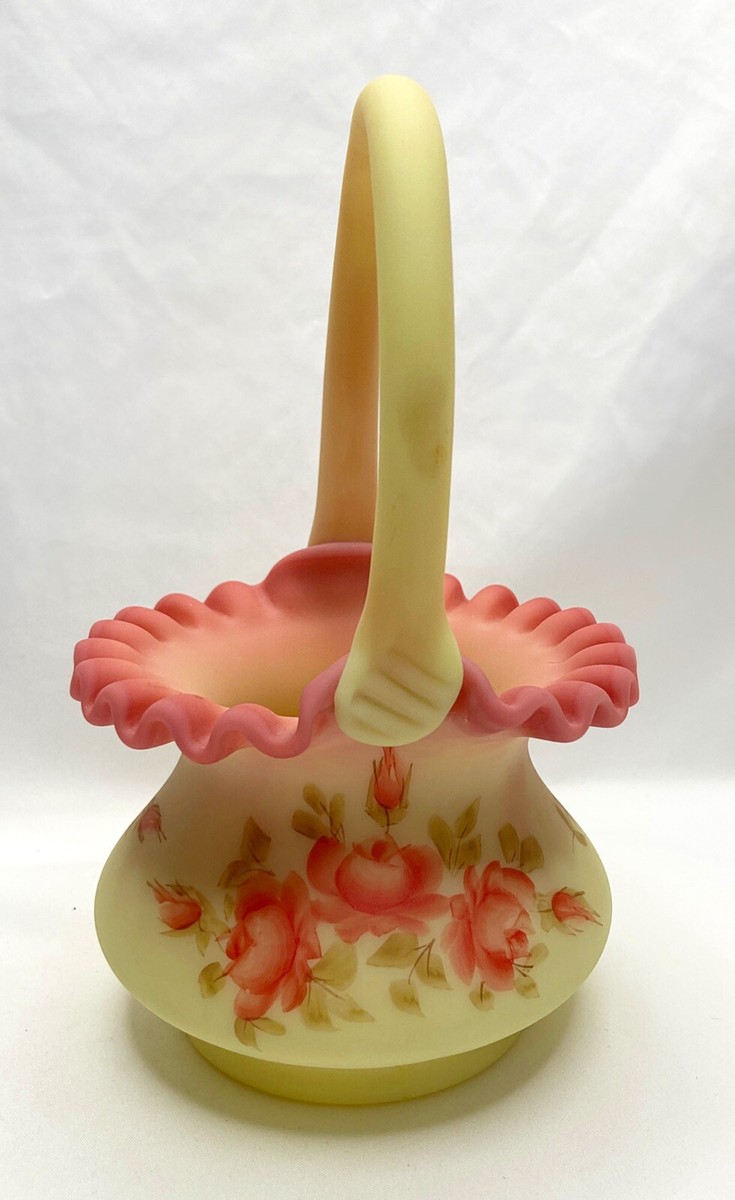 Fenton Art Glass Hand Painted Artist Signed Roses on Yellow