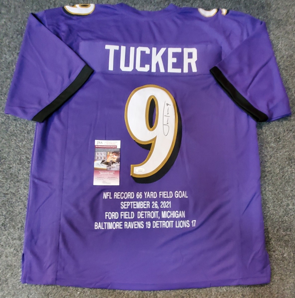 BALTIMORE RAVENS JUSTIN TUCKER AUTOGRAPHED SIGNED STAT JERSEY JSA COA