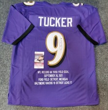 BALTIMORE RAVENS JUSTIN TUCKER AUTOGRAPHED SIGNED STAT JERSEY JSA COA 