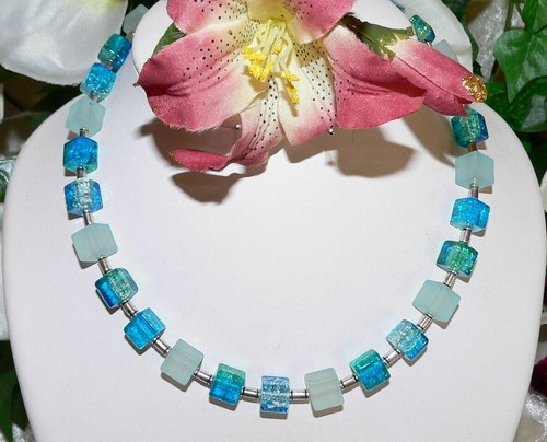 Kette Würfelkette Perlen Würfel Glas two color türkis blau hellblau 266e - Bild 10 von 11
