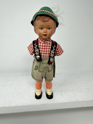 German Boy Celluloid Doll Lederhosen Green Hat Feather MW Germany MISSING ARMS